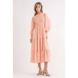 Apricot Powder Smocked Bubble Sleeve Ruffle Tiered Midi Dress